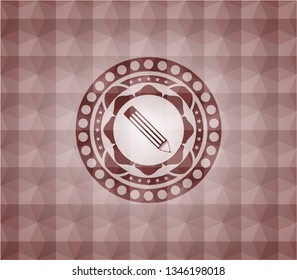 pencil icon inside red seamless emblem with geometric pattern.