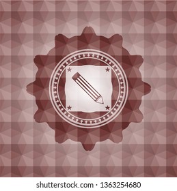 pencil icon inside red seamless badge with geometric background.