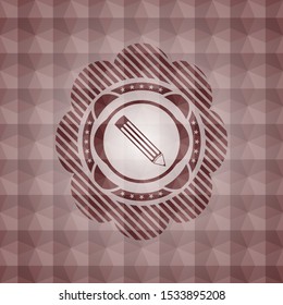 pencil icon inside red seamless emblem or badge with abstract geometric polygonal pattern background.