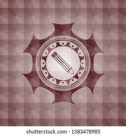pencil icon inside red seamless emblem or badge with abstract geometric polygonal pattern background.