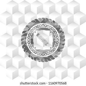 pencil icon inside retro style grey emblem with geometric cube white background