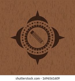 pencil icon inside retro style wooden emblem