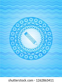 pencil icon inside sky blue water emblem.