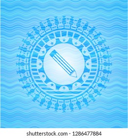 pencil icon inside sky blue water wave badge.