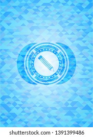pencil icon inside sky blue emblem with mosaic background