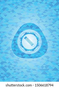 pencil icon inside sky blue emblem. Mosaic background