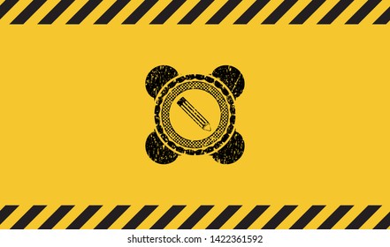 pencil icon inside warning sign, black grunge emblem. Vector Illustration. Detailed.