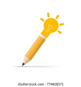 Pencil icon with light bulb in flat design. Vector illustration. Best idea concept. Creative idea
