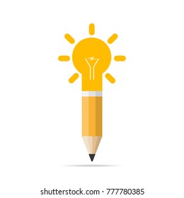 Pencil icon with light bulb in flat design. Vector illustration. Best idea concept. Creative idea