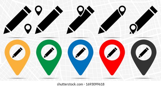 Icono de lápiz en conjunto de ubicaciones. Glifo simple, elemento de ilustración plana de la web, iconos temáticos minimalistas