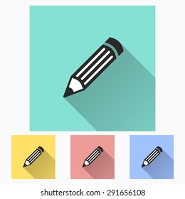 Pencil icon with long shadow, flat design. Vector illustration.