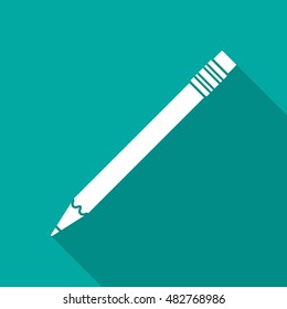 Pencil icon with long shadow. Flat design style. Pencil simple silhouette. Modern minimalistic icon in stylish colors. Web site page and mobile app design vector element.