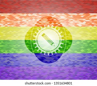 pencil icon on mosaic background with the colors of the LGBT flag