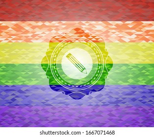 pencil icon on mosaic background with the colors of the LGBT flag