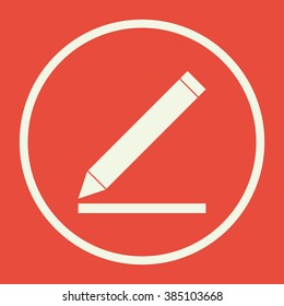 Pencil icon, on red background, white circle border, white outline