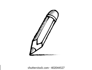 Bleistift-Symbol auf weißem Hintergrund. Sammlung der Schule. Zeichnen von Cartoon Schreibwaren im Doodle-Stil.