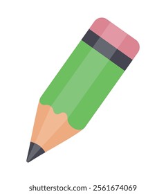 Pencil icon with rubber band. Pencil draws. Pencil in green colour. Text editing icon. Office supplies. Writing sign business concept.