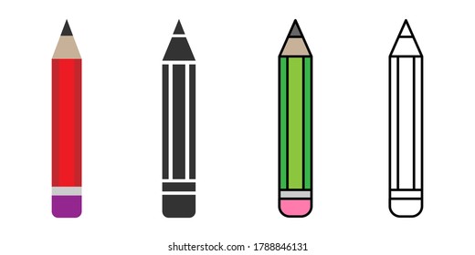 Pencil icon. School pencil in flat, line and colorful styles. Different style icons set. Isolated Symbol, logo illustration