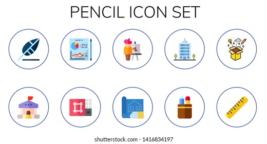 pencil icon set. 10 flat pencil icons.  Collection Of - write, school, planning, editor, easel, blueprint, office, pencil case, creativity, ruler
