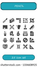 pencil icon set. 25 filled pencil icons.  Collection Of - File, Rulers, Layout, Design, Blackboard, Pencil, Artist, Pen, case, Colored pencils, Architect, Protractor, Pantone