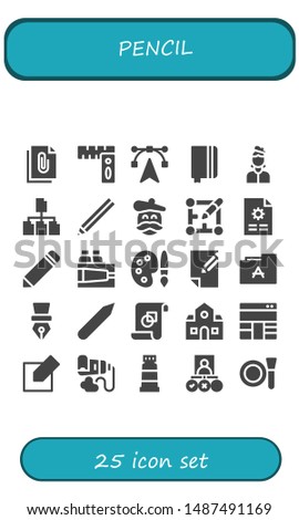pencil icon set. 25 filled pencil icons.  Collection Of - File, Rulers, Edit tools, Notebook, Artist, Pencil, Layout, Paint, Palette, Paper, Font, Pen, Graphic design, School