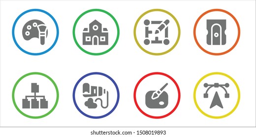 pencil icon set. 8 filled pencil icons.  Collection Of - Color palette, File, School, Paint tube, Layout, Paint, Sharpener, Edit tools icons