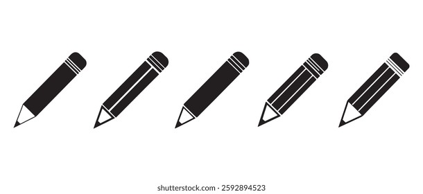 Pencil Icon Set, Black Solid Variations on White Background