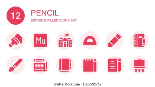 pencil icon set. Collection of 12 filled pencil icons included Brush, Muse, School, Ruler, Pencil, Blueprint, Appointment book, Draft, Notepad, Easel