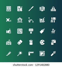 pencil icon set. Collection of 25 filled pencil icons included Pen, Forms, Ruler, Magic tool, Paint tube, Erase, Palette, Pencil case, Eraser, School, Easel, Glue, Brush, Digital picture frame