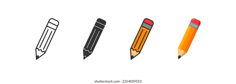 Pencil icon set in different styles. Line, gliph and flat design sign symbol. Vector Isolated illustration