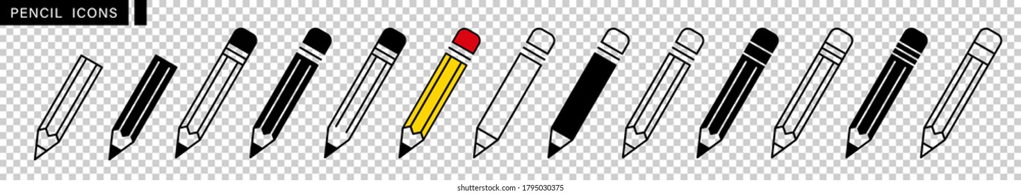 Pencil icon set. Edit symbol. Different style pen icons set. Flat linear style on transparent background. Pencil and easter. Vector illustration.