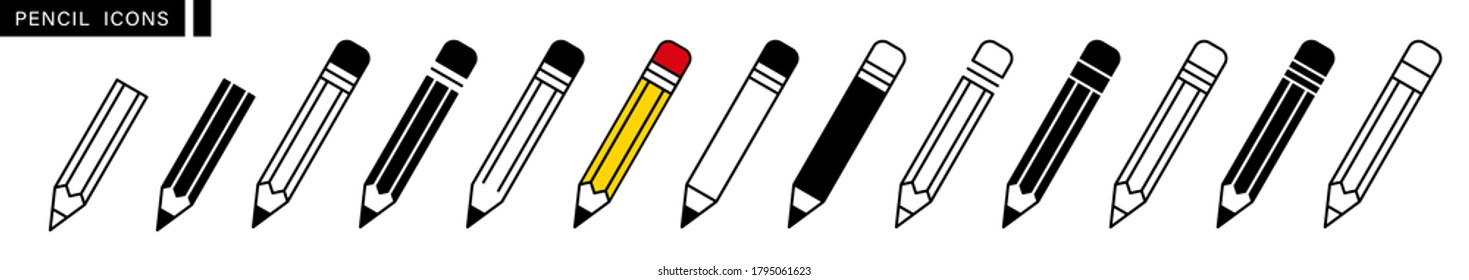 Pencil icon set. Edit symbol. Different style pen icons set. Flat and line style on white isolated background. Pencil and easter. Vector illustration.