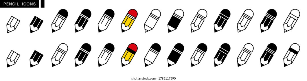 Pencil icon set. Edit symbol. Different style pen icons set. Flat and line style on white isolated background. Pencil and easter. Vector illustration.