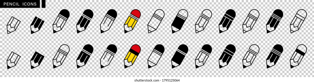 Pencil icon set. Edit symbol. Different style pen icons set. Flat linear style on transparent background. Pencil and easter. Vector illustration.