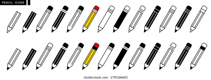 Pencil icon set. Edit symbol. Different style pen icons set. Flat and line style on white isolated background. Pencil and easter. Vector illustration.