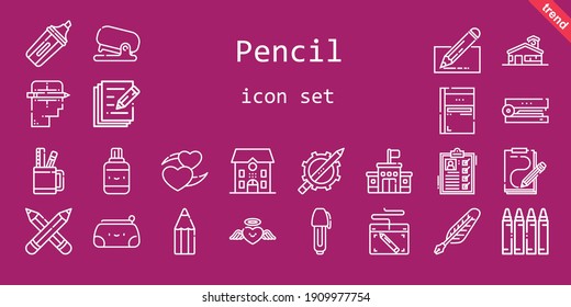 pencil icon set. line icon style. pencil related icons such as crayon, stapler, edit, quill, correction fluid, pencil, list, sketchbook, case, heart, creative, graphic tablet, school