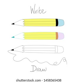 Pencil icon set in naive hand drawn style, with handwritten words 'Write' and 'Draw'