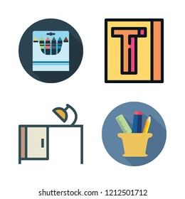 pencil icon set. vector set about desk, crayons, pencil case and school material icons set.