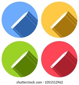 Pencil icon. Set of white icons with long shadow on blue, orange, green and red colored circles. Sticker style