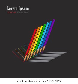 Pencil Icon. Pencil Icon vector illustration. Set of colored pencils. Colors of rainbow. Set of colored pencils draw a line. Set of colored pencils on a black background.