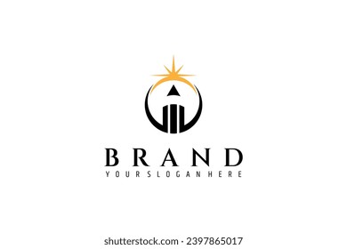 Pencil icon vector logo design with sunrise combination