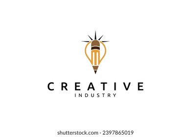 Pencil icon vector logo design with glowing bulb shape combination