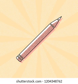 Pencil icon. Vintage retro typography with offset printing effect. Dots poster with comics pop art background