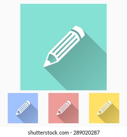 Pencil - icon is white with long shadow, flat design. Vector illustration.