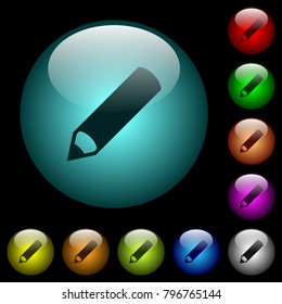 Pencil icons in color illuminated spherical glass buttons on black background. Can be used to black or dark templates