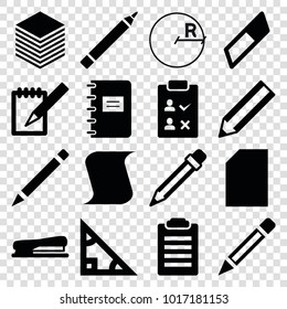 Pencil icons. set of 16 editable filled pencil icons such as pen, pencil, triangle, eraser, paper, check list, notebook, stapler, notepad