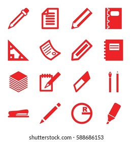 pencil icons set. Set of 16 pencil filled icons such as pencil, pen, notebook, highlighter, stapler, paper, document, notepad, triangle, circle