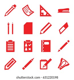 Pencil icons set. set of 16 pencil filled icons such as pencil, pen, notebook, stapler, document, triangle, eraser, paper