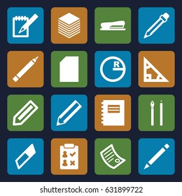 Pencil icons set. set of 16 pencil filled icons such as pencil, pen, notebook, stapler, paper, document, notepad, triangle, circle, eraser