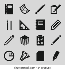 Pencil icons set. set of 16 pencil filled icons such as pencil, pen, notebook, highlighter, stapler, paper, document, notepad, triangle, circle
